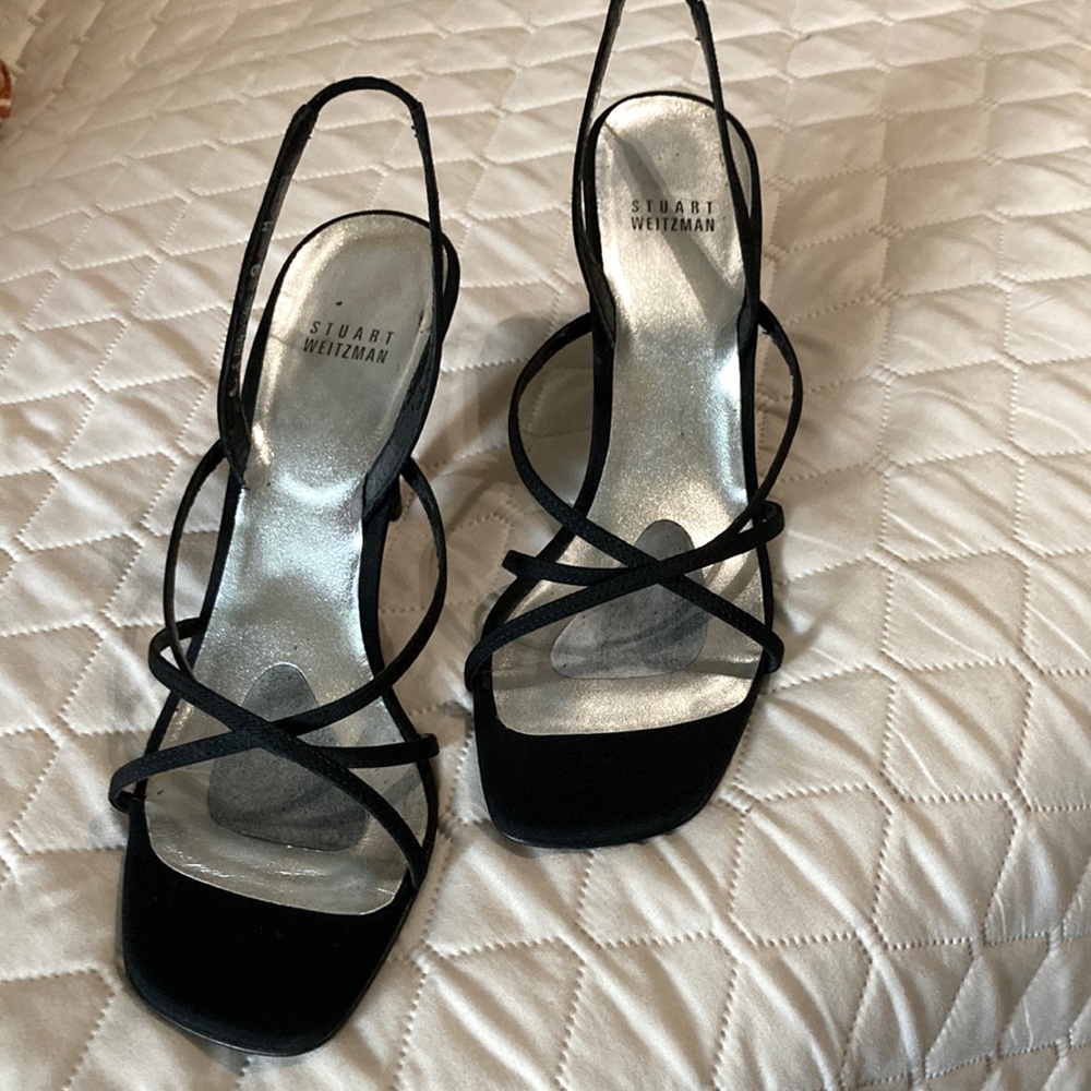 9.5 Black strap heels.  3.5” Stuart Weitzman.
